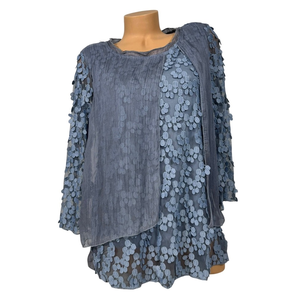 Ali Miles Womens Small Blue Mixed Media Embroidered Layered Tunic Top Blouse
